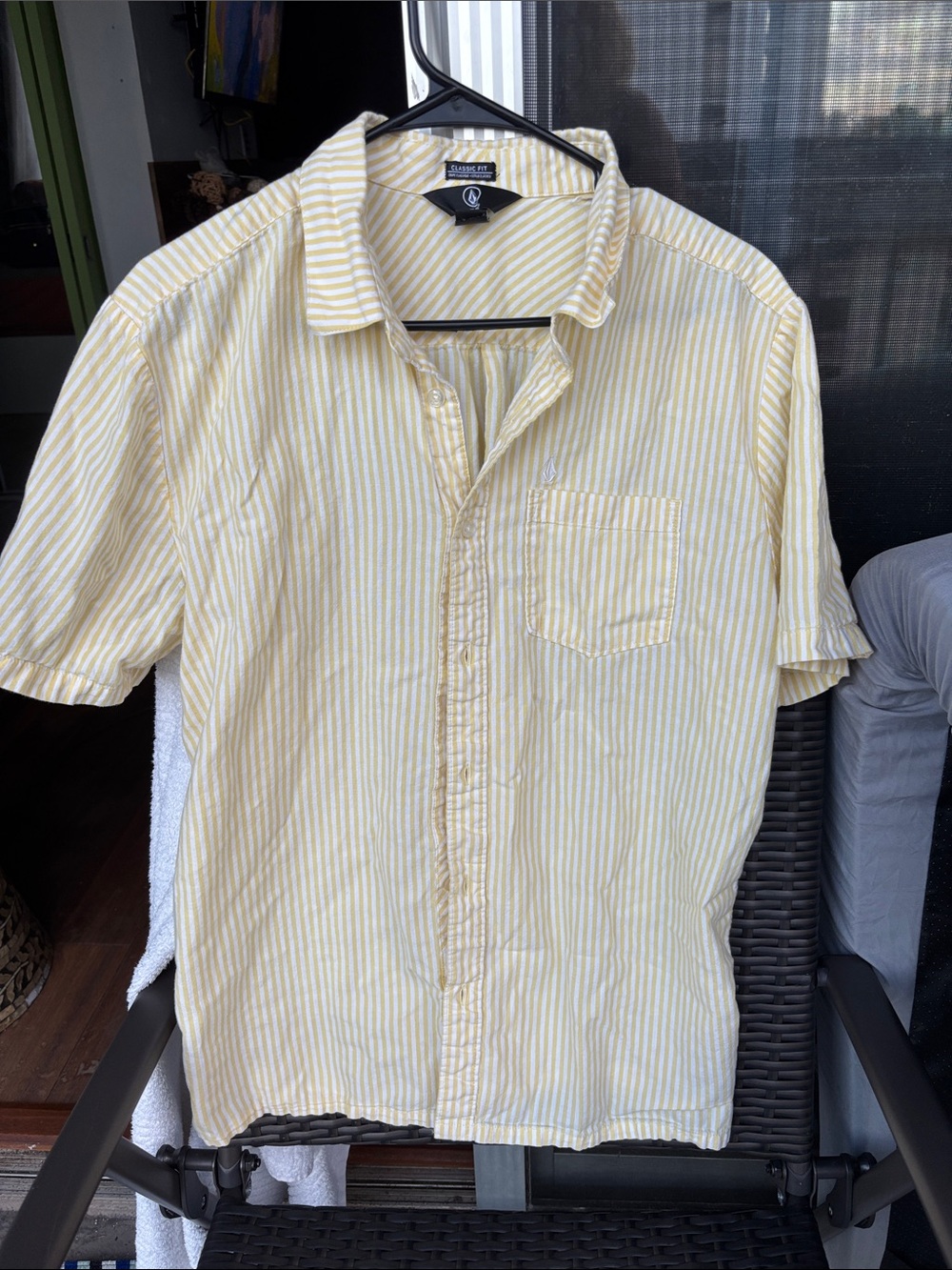 Volcom Yellow and White Striped Short Sleeve Button-Down Shirt